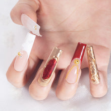 Load image into Gallery viewer, Handmade Press-on Nails | Luxury Red Cat-Eye & Gold Chrome Design | Baroque Vintage Jewelry Style | Salon Grade Reusable Gel Nails | Square Mid 1.7'' & Regular Length 1.0''