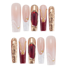 Load image into Gallery viewer, Handmade Press-on Nails | Luxury Red Cat-Eye & Gold Chrome Design | Baroque Vintage Jewelry Style | Salon Grade Reusable Gel Nails | Square Mid 1.7'' & Regular Length 1.0''