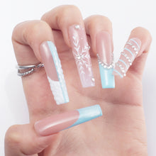 Load image into Gallery viewer, Handmade Press-on Nails | Icy Blue Snowfall Edition | 3D Snowflake & Crystal Embellished | Salon Grade Reusable Gel Nails | Square Mid & Regular Length