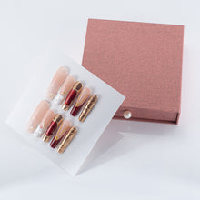 Load image into Gallery viewer, Handmade Press-on Nails | Luxury Red Cat-Eye &amp; Gold Chrome Design | Baroque Vintage Jewelry Style | Salon Grade Reusable Gel Nails | Square Mid 1.7'' &amp; Regular Length 1.0''

