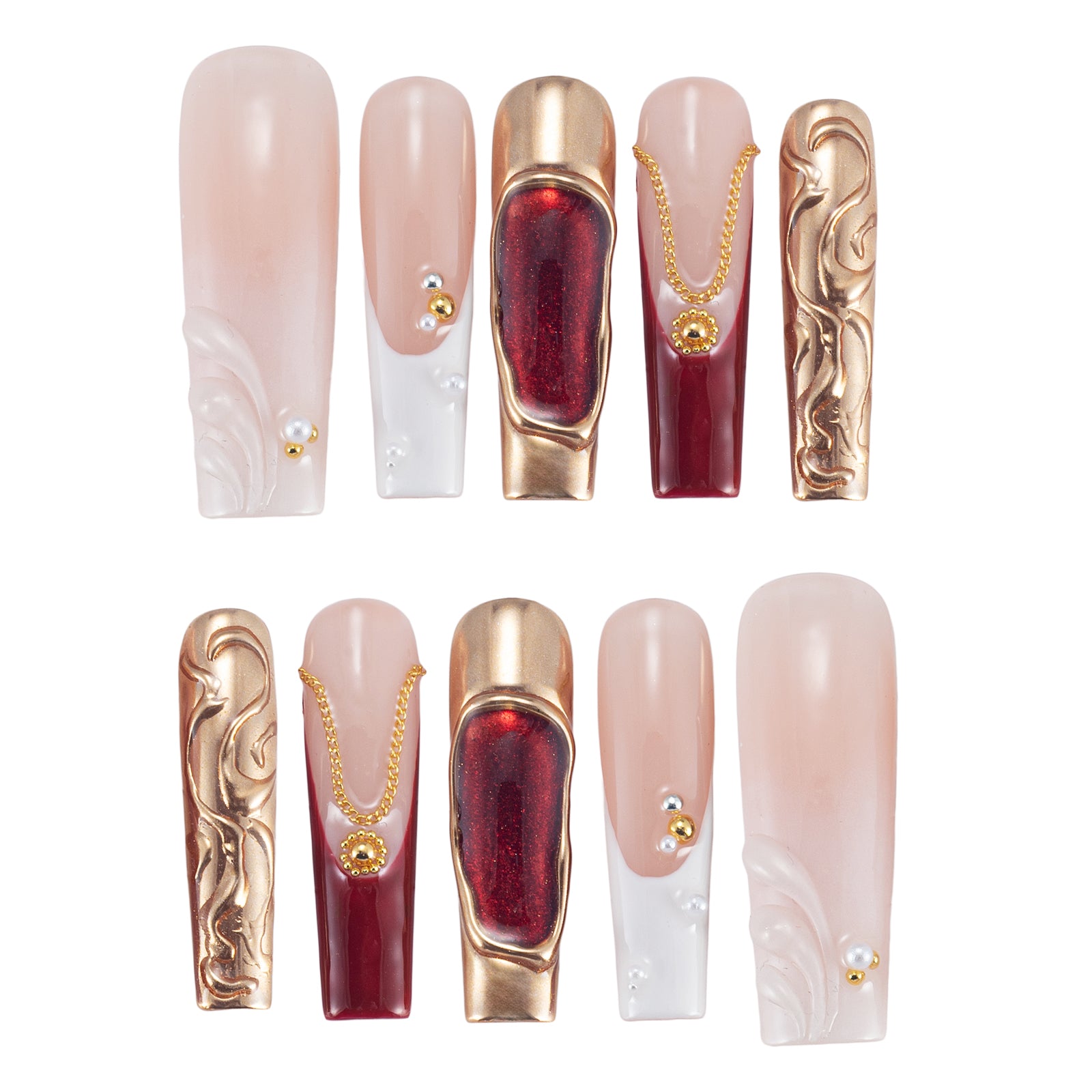 Handmade Press-on Nails | Luxury Red Cat-Eye & Gold Chrome Design | Baroque Vintage Jewelry Style | Salon Grade Reusable Gel Nails | Square Mid 1.7'' & Regular Length 1.0''