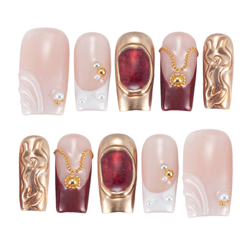 Handmade Press-on Nails | Luxury Red Cat-Eye & Gold Chrome Design | Baroque Vintage Jewelry Style | Salon Grade Reusable Gel Nails | Square Mid 1.7'' & Regular Length 1.0''