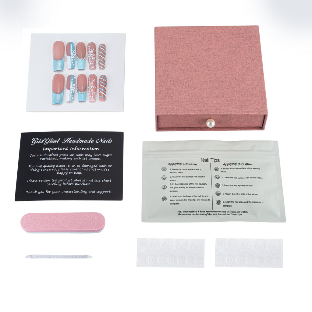 Handmade Press-on Nails | Icy Blue Snowfall Edition | 3D Snowflake & Crystal Embellished | Salon Grade Reusable Gel Nails | Square Mid & Regular Length