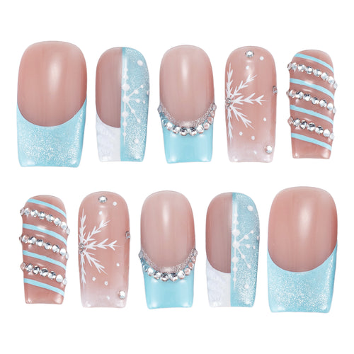 Handmade Press-on Nails | Icy Blue Snowfall Edition | 3D Snowflake & Crystal Embellished | Salon Grade Reusable Gel Nails | Square Mid & Regular Length