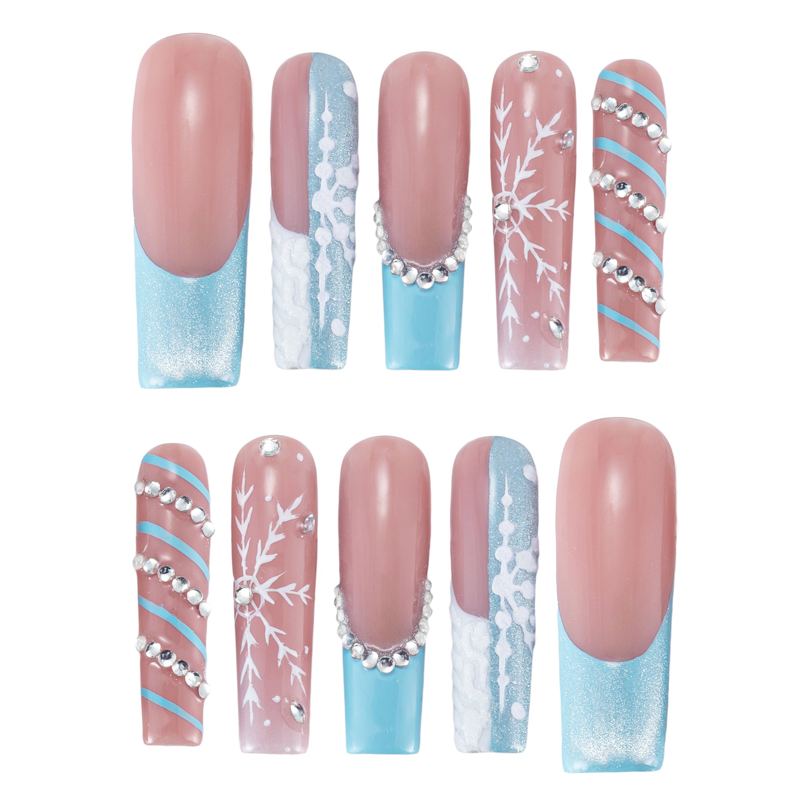 Handmade Press-on Nails | Icy Blue Snowfall Edition | 3D Snowflake & Crystal Embellished | Salon Grade Reusable Gel Nails | Square Mid & Regular Length
