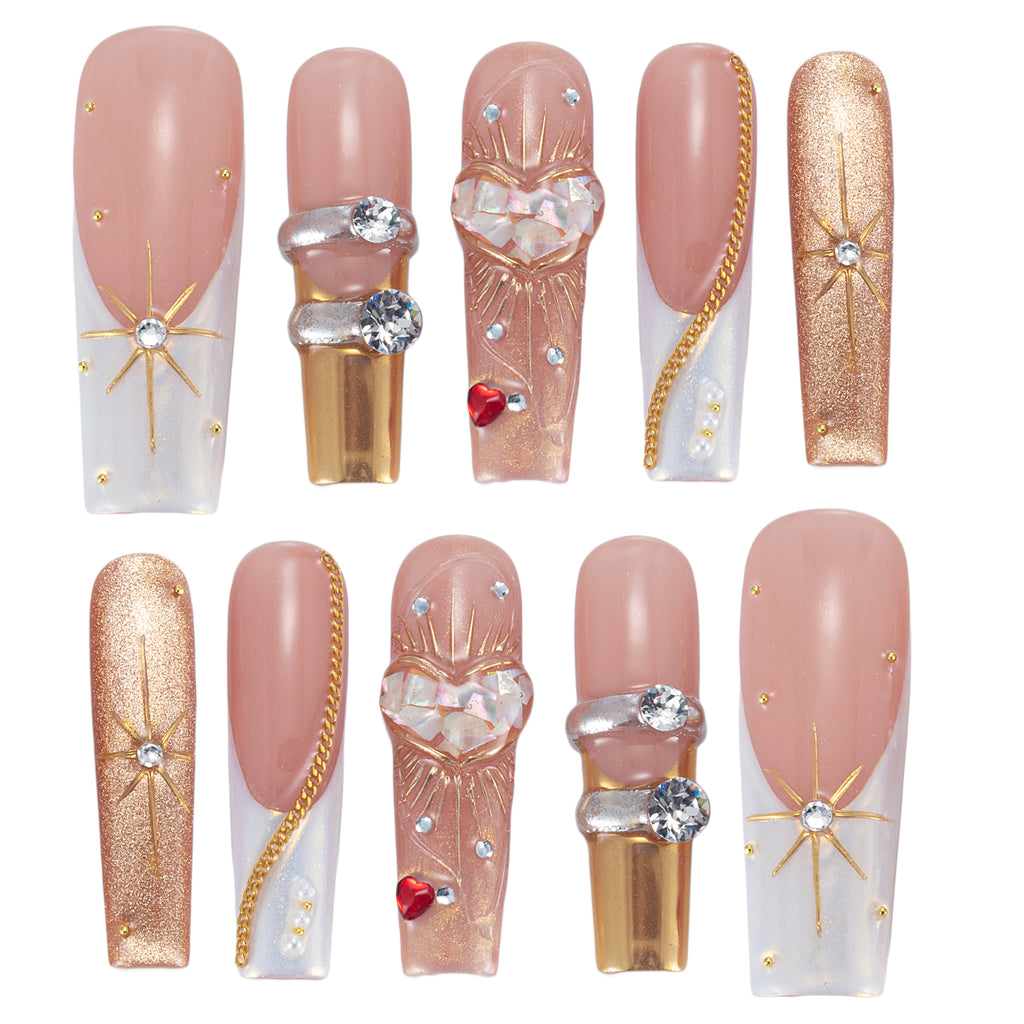 Valentine's Day Special | Handmade "Diamond Heart" Press-on Nails | Luxury Romantic 3D Heart Design | Salon Quality Reusable Nails | US Stock | Perfect Gift for Her