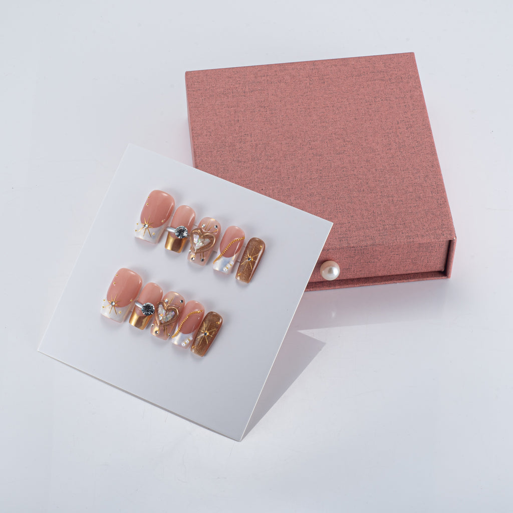 Valentine's Day Special | Handmade "Diamond Heart" Press-on Nails | Luxury Romantic 3D Heart Design | Salon Quality Reusable Nails | US Stock | Perfect Gift for Her