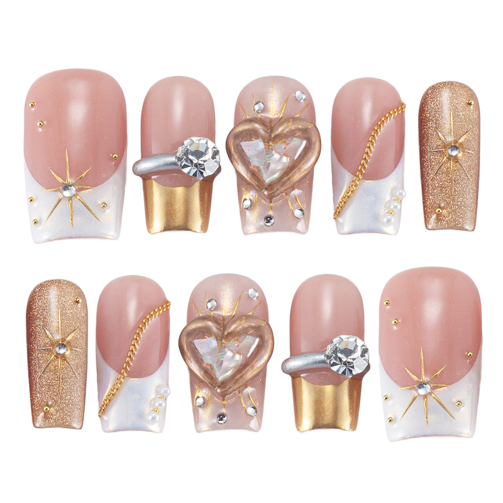 Valentine's Day Special | Handmade "Diamond Heart" Press-on Nails | Luxury Romantic 3D Heart Design | Salon Quality Reusable Nails | US Stock | Perfect Gift for Her