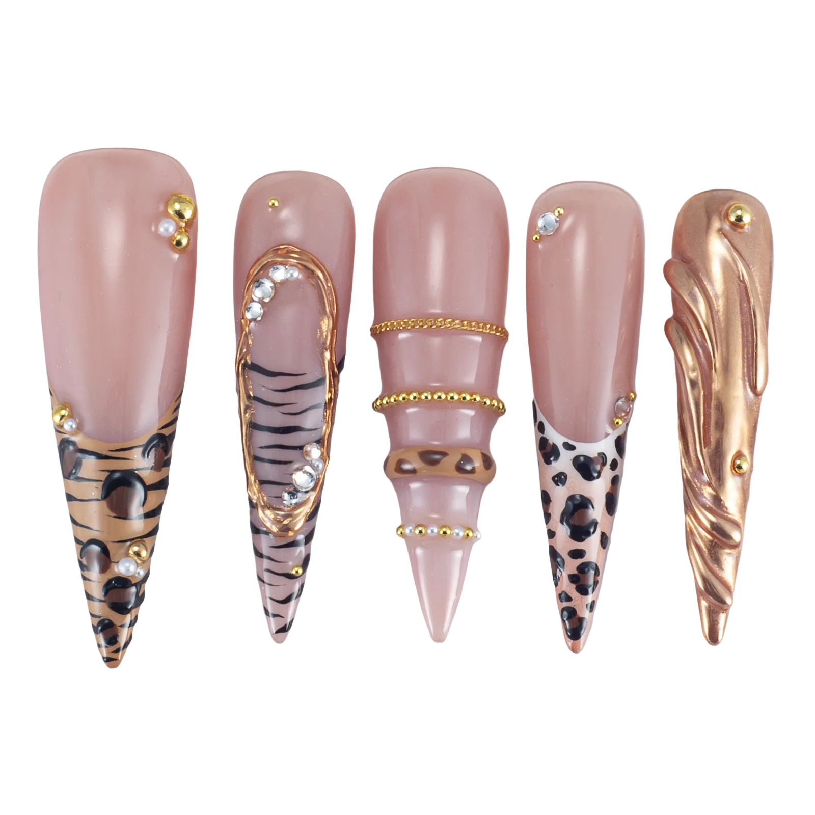 Leopard & Tiger Print Stiletto Nails | Gold Chain & Crystal Accent | GildGlint