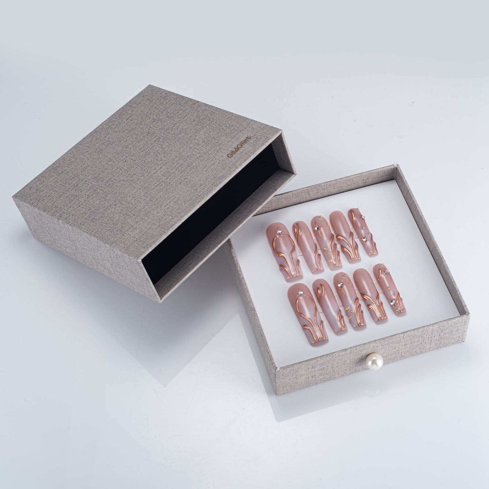 Handmade Press-on Nails | Minimalist Liquid Gold & White Pearl Art | 3D Embossed Luxury Design | Salon Grade Reusable Gel Nails | Square Mid & Regular Length