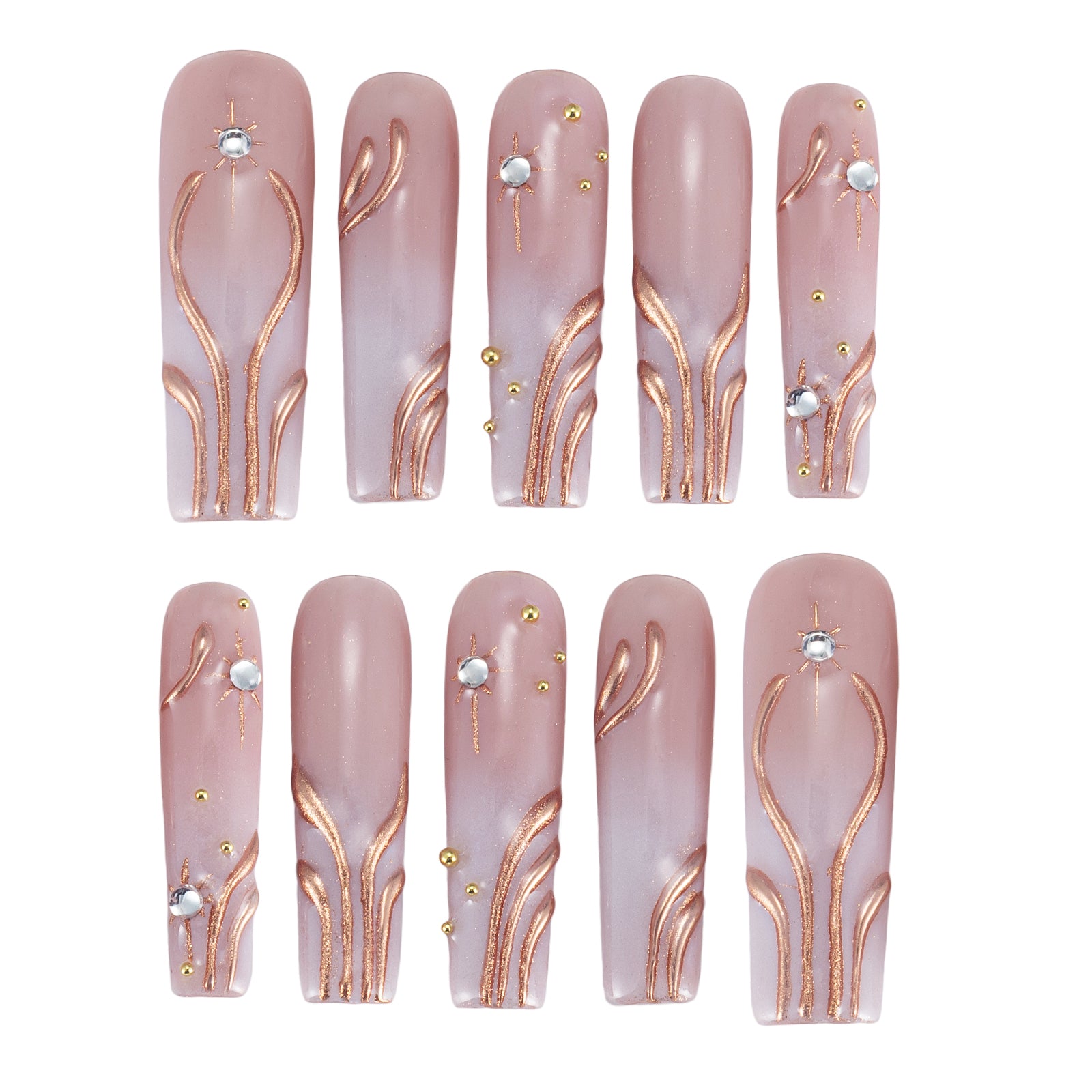 Handmade Press-on Nails | Minimalist Liquid Gold & White Pearl Art | 3D Embossed Luxury Design | Salon Grade Reusable Gel Nails | Square Mid & Regular Length