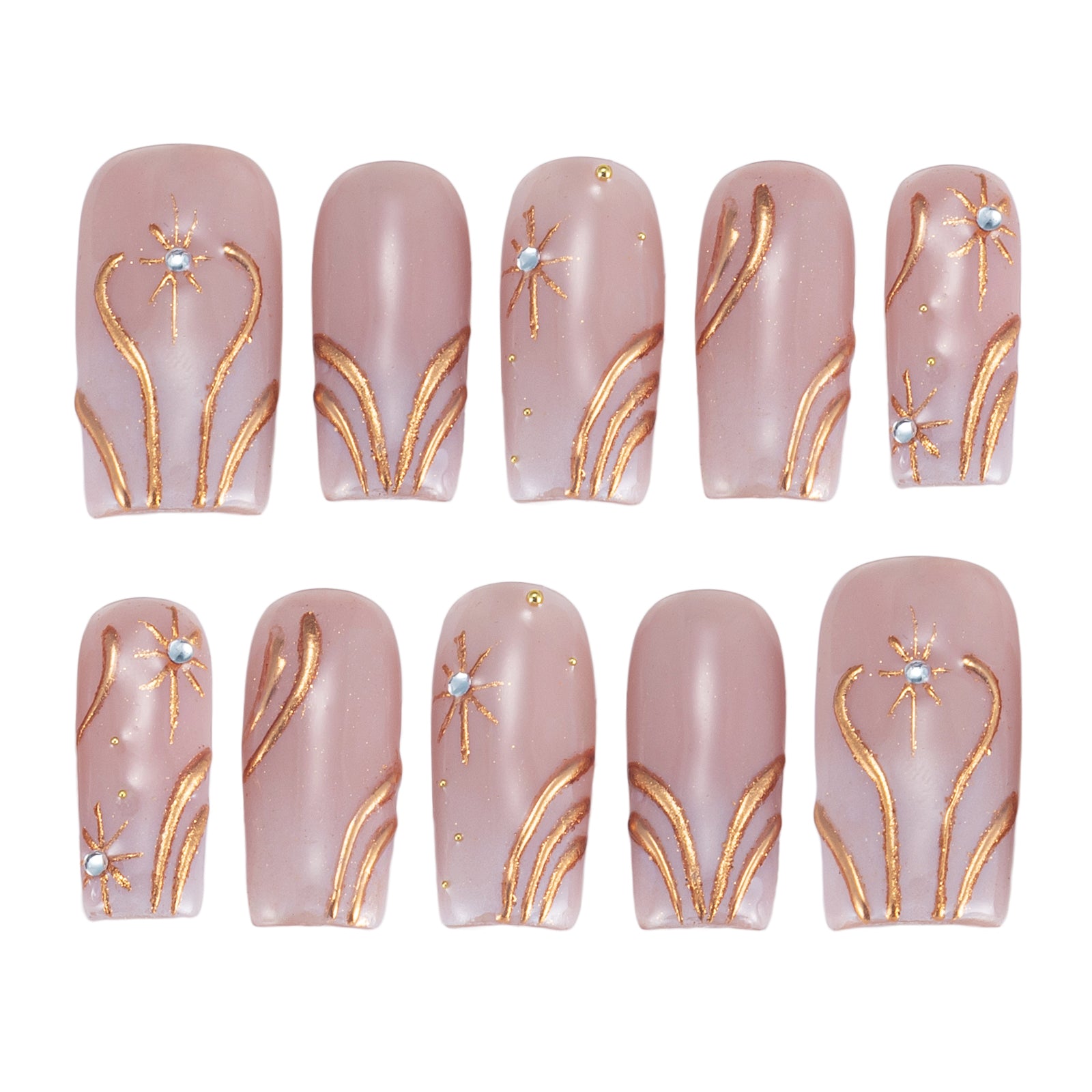 Handmade Press-on Nails | Minimalist Liquid Gold & White Pearl Art | 3D Embossed Luxury Design | Salon Grade Reusable Gel Nails | Square Mid & Regular Length