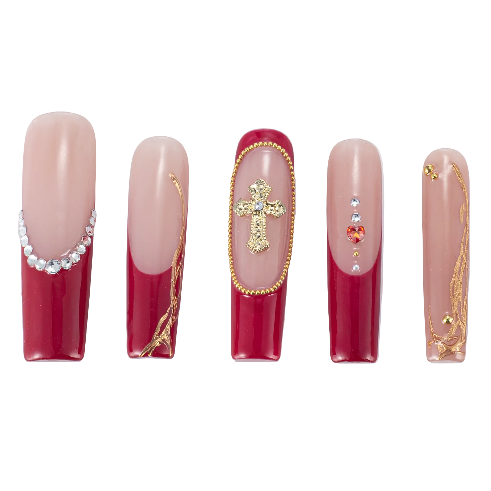 Gothic Pink & Burgundy Press-On Nails | Gold Cross & Crystal Heart Luxury Manicure